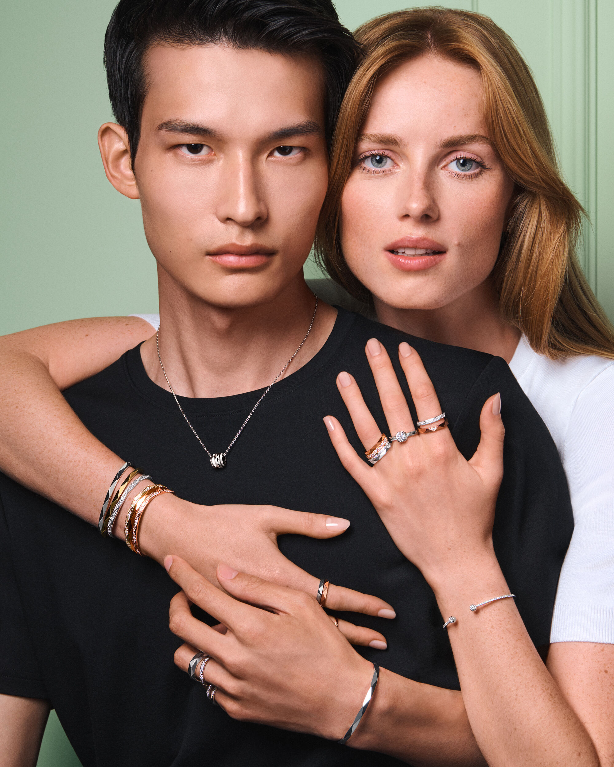 Image of female and male model wearing Laurence Graff Signature jewellery pieces