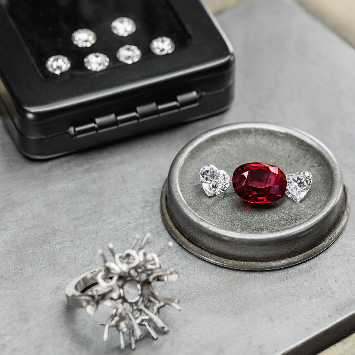 Image of Graff Ruby High Jewellery ring being created in Graff London workshop