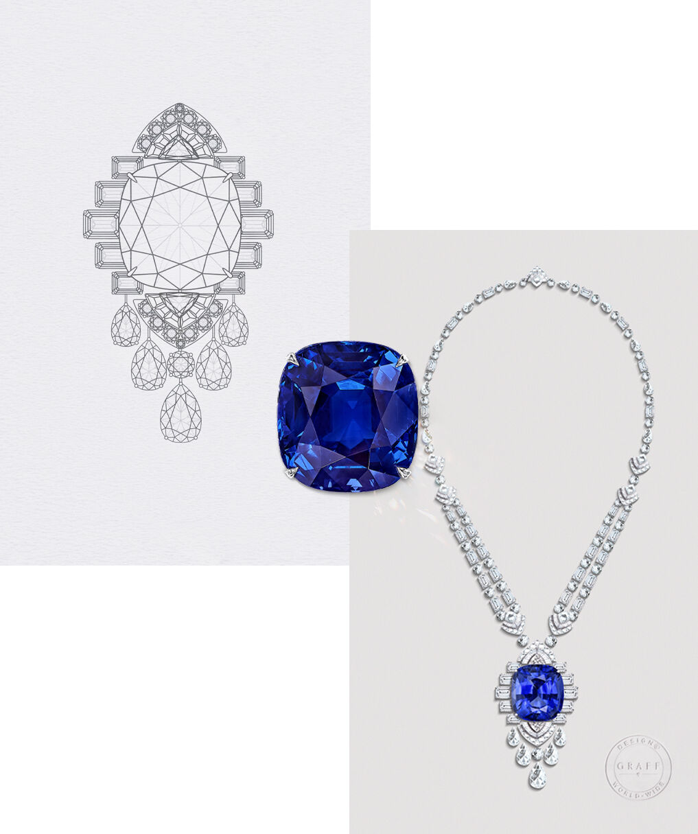 Drawing and painting of Graff High Jewellery Sapphire and Diamond Necklace