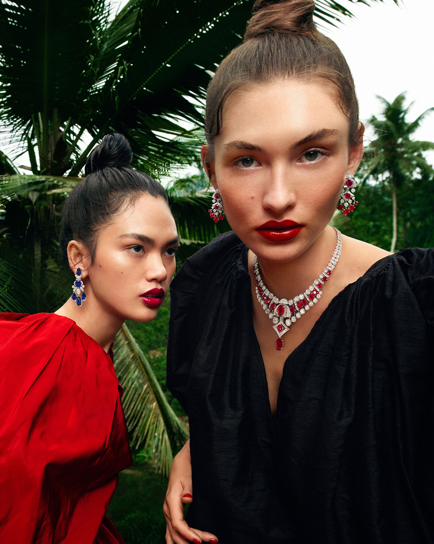 Models wearing Graff Emerald, Sapphire, Ruby and White diamond high jewellery suites