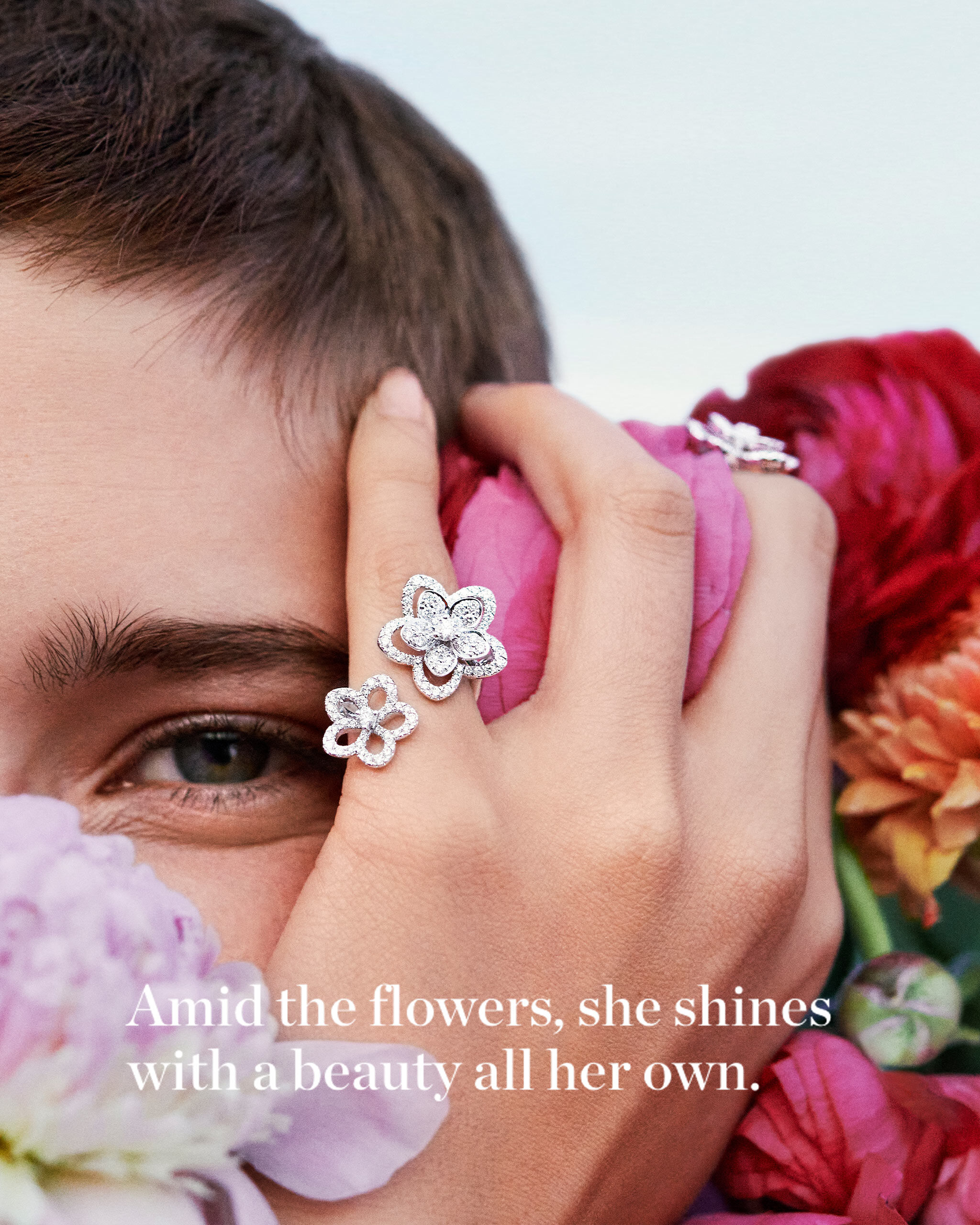 Model wears Graff Wild Flower collection diamond jewellery