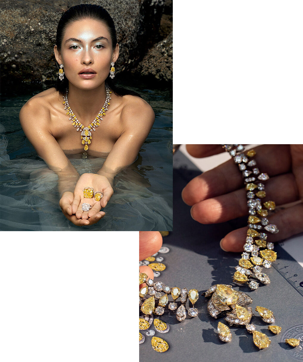 Model wearing yellow diamond high jewellery and image of necklace design