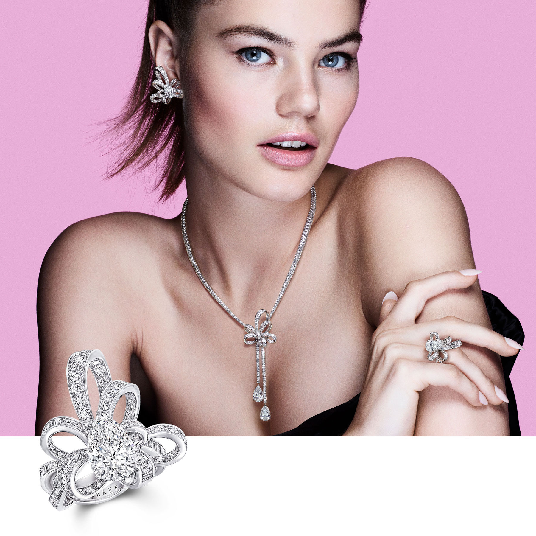 Model wears the Graff Tilda's Bow diamond jewellery with a featured ring