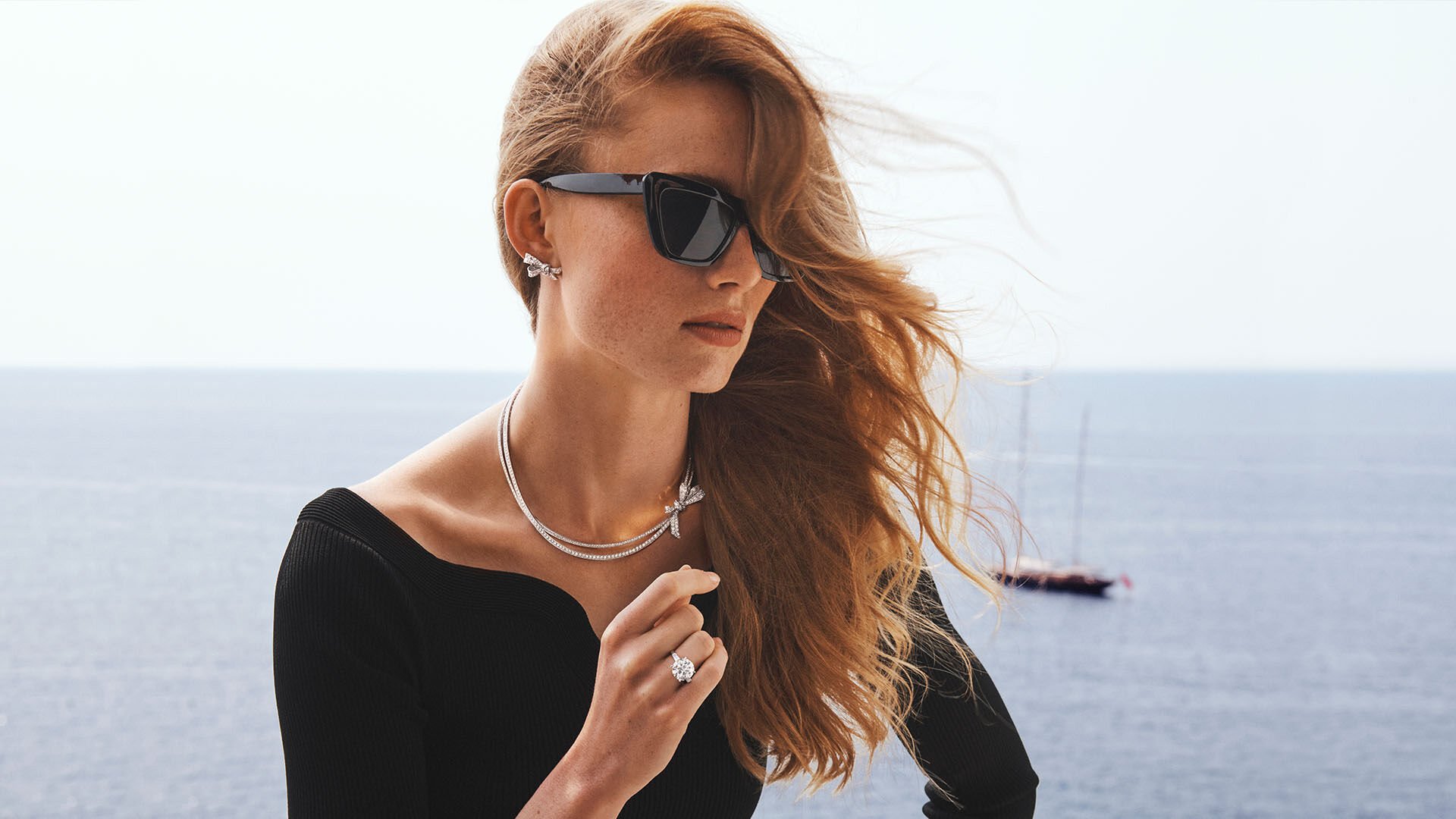 Model wearing Graff Tilda's Bow collections jewellery