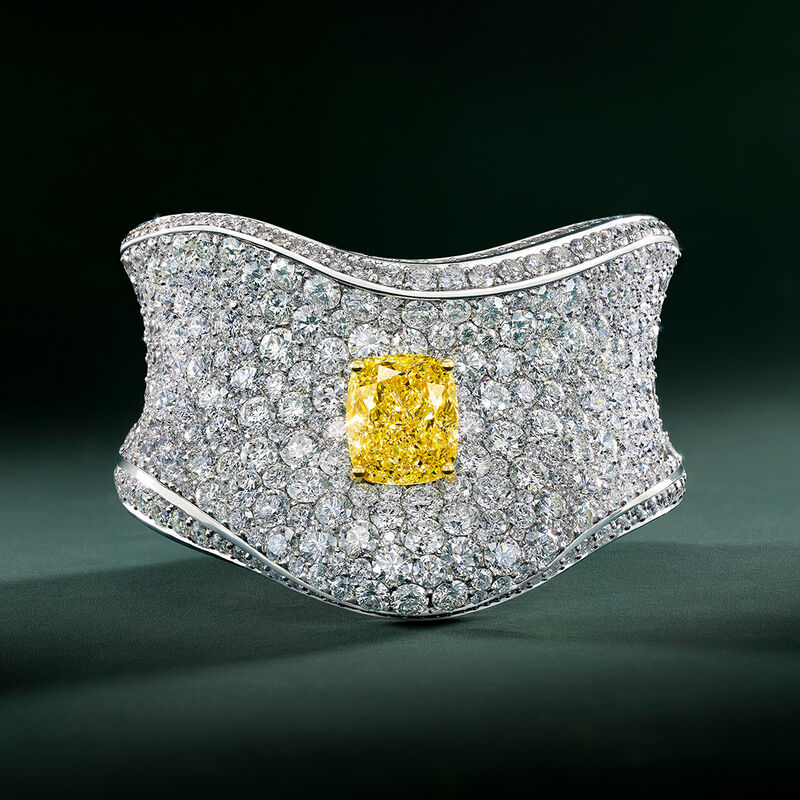Fancy Intense Yellow Cushion Cut and Round White Diamond Cuff