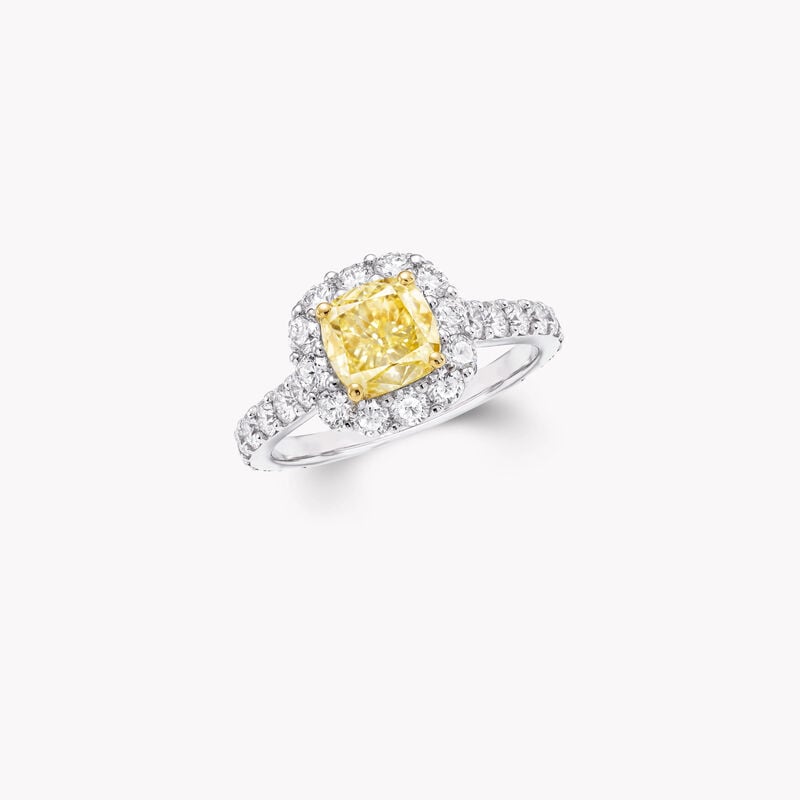 Bague de fiançailles Icône en diamants jaunes et blancs taille coussin