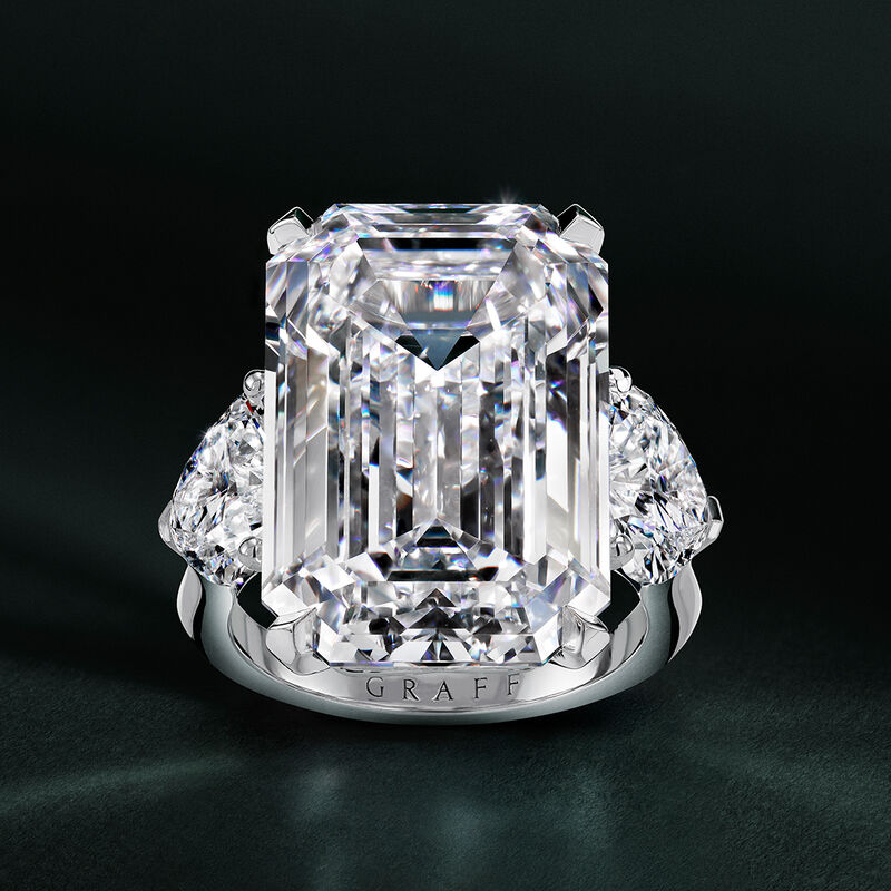 Emerald Cut Diamond Solitaire Ring with Heart Shape Diamond Shoulders