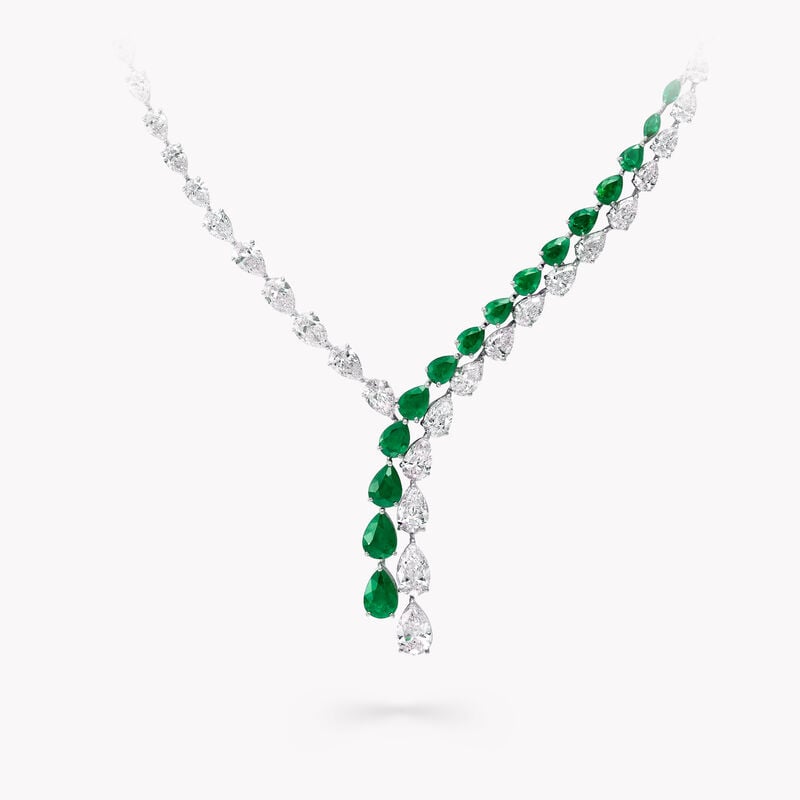 Pear Shape Emerald and Diamond Cross-over Necklace