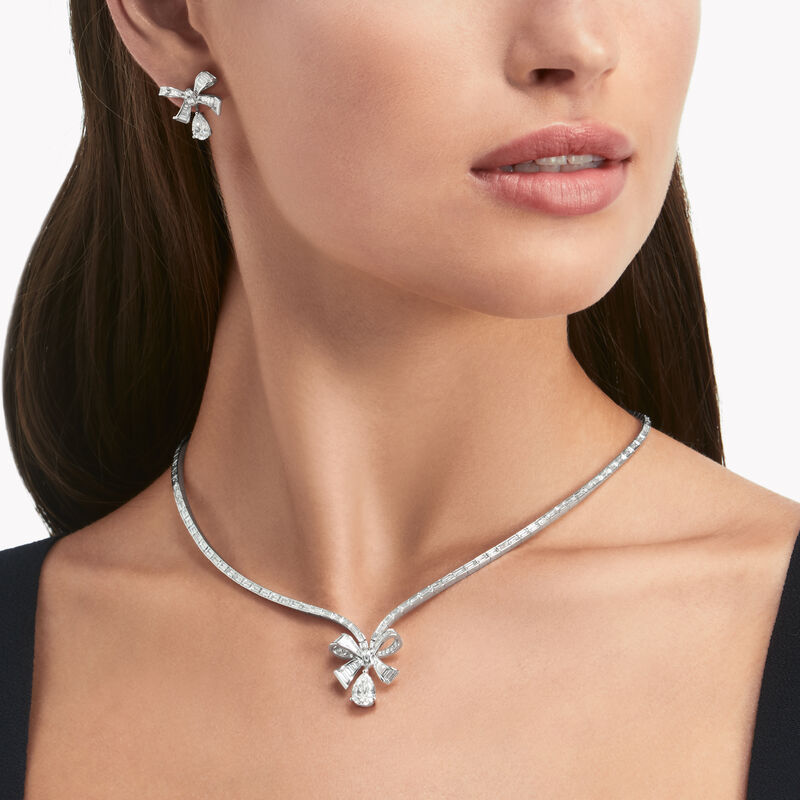 Tilda’s Bow Baguette Cut Diamond Drop Necklace, , hi-res