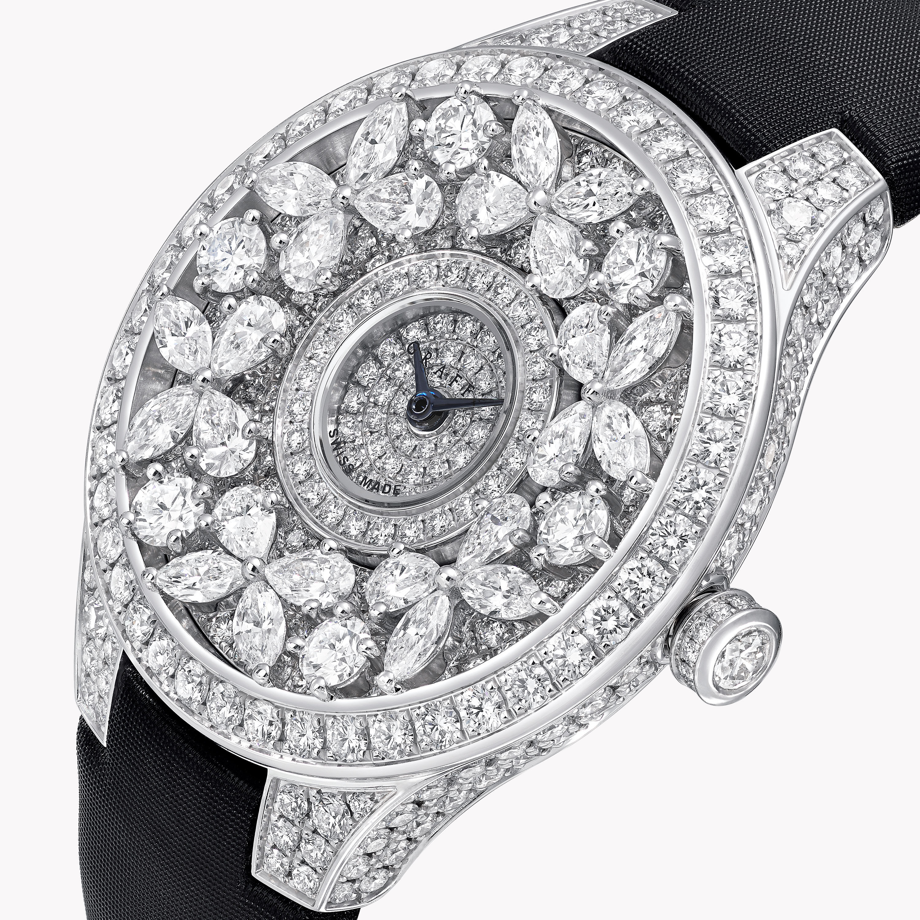 Classic Butterfly Diamond Watch, diamond dial, white gold, black