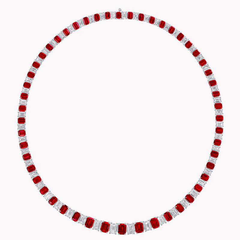White Diamond and Ruby Emerald Graduated Line Necklace
