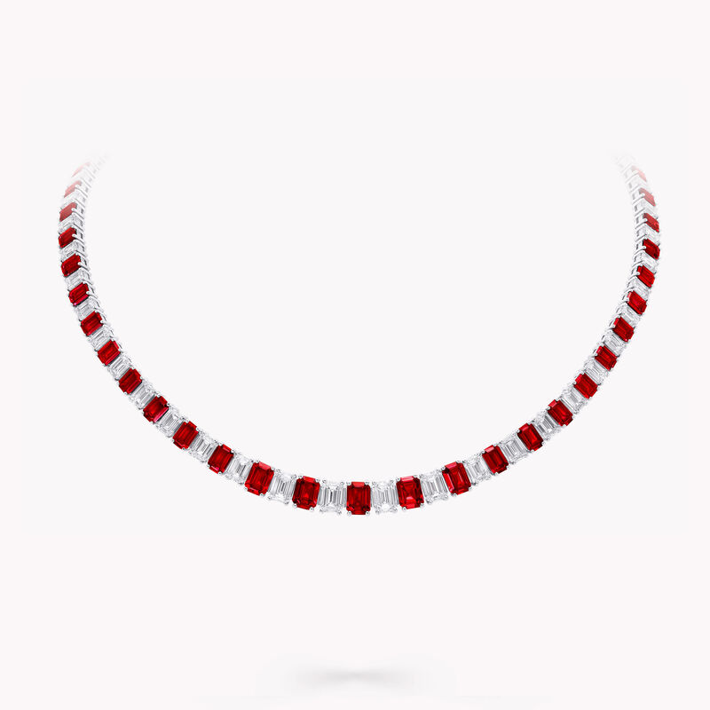 White Diamond and Ruby Emerald Graduated Line Necklace