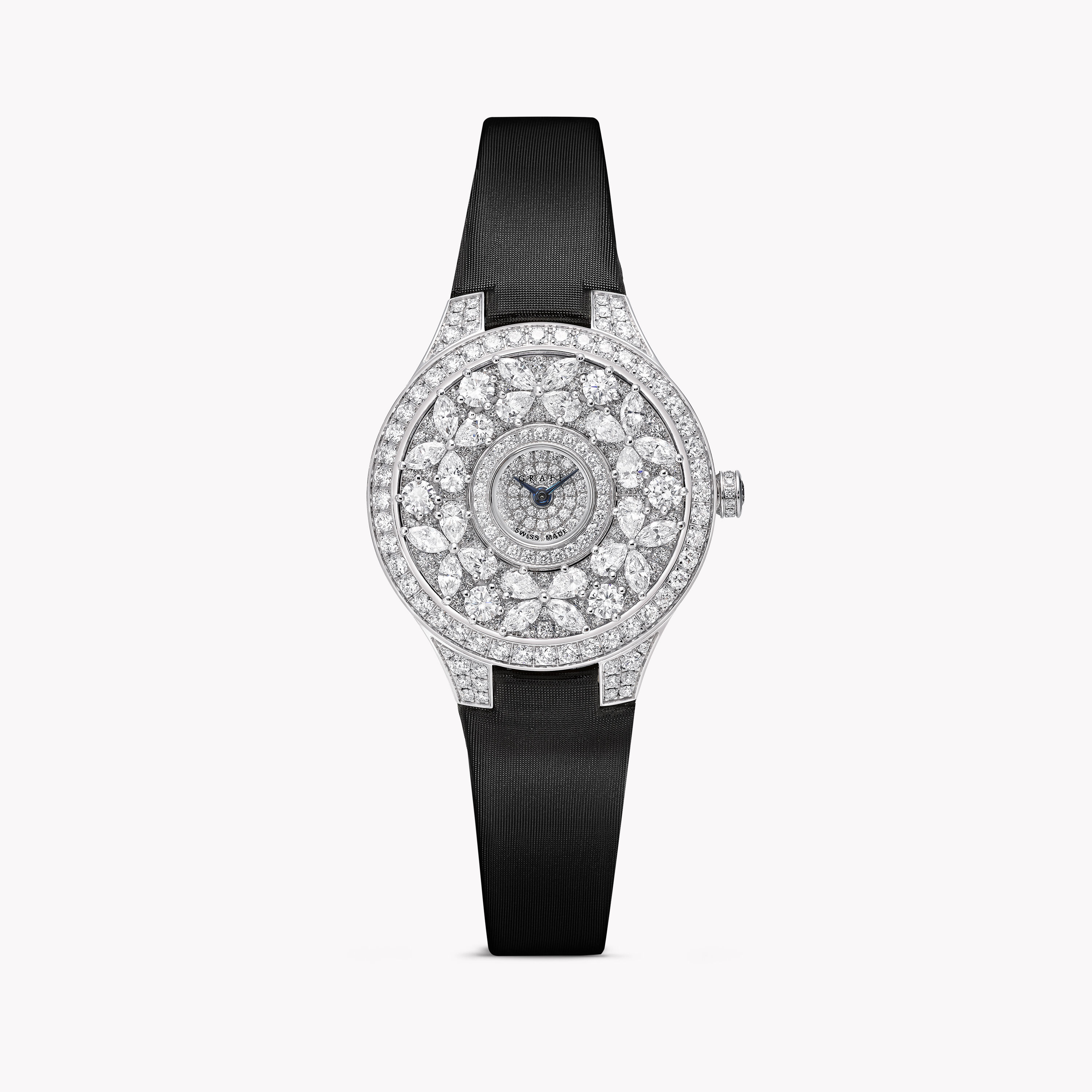 Classic Butterfly Diamond Watch, diamond dial, white gold, black