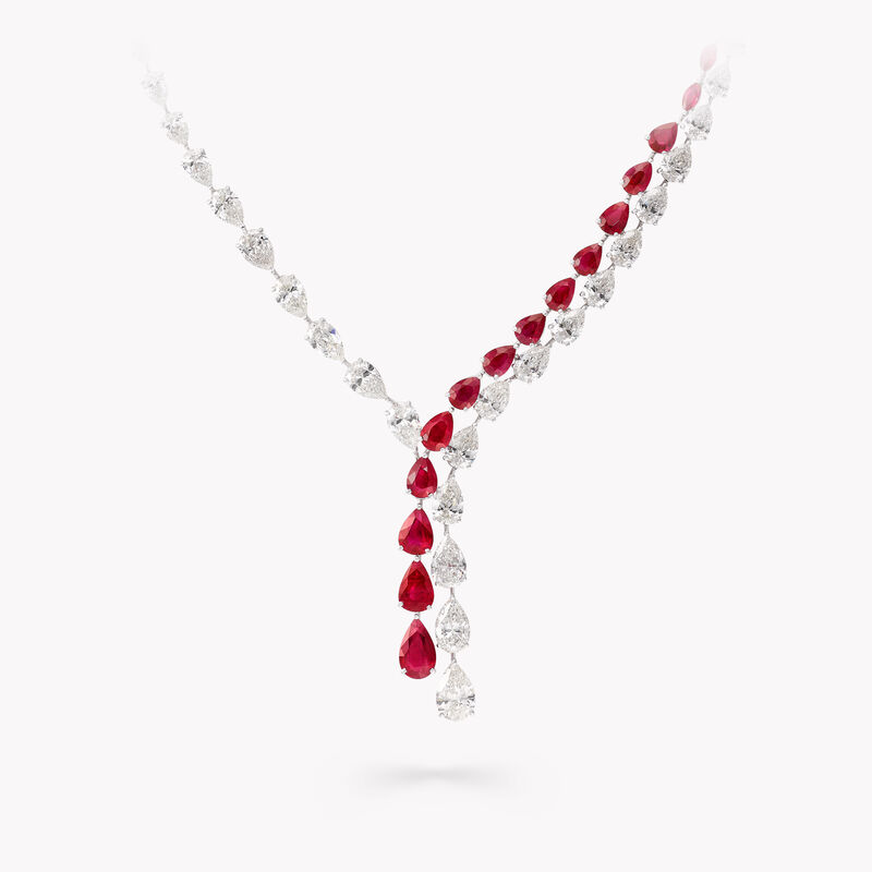 Pear Shape Ruby and Diamond Cross-over Necklace