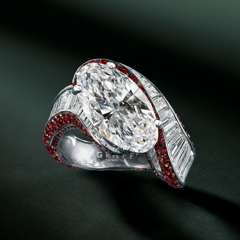 Oval, Baguette Cut and Round Diamond and Round Ruby Ring