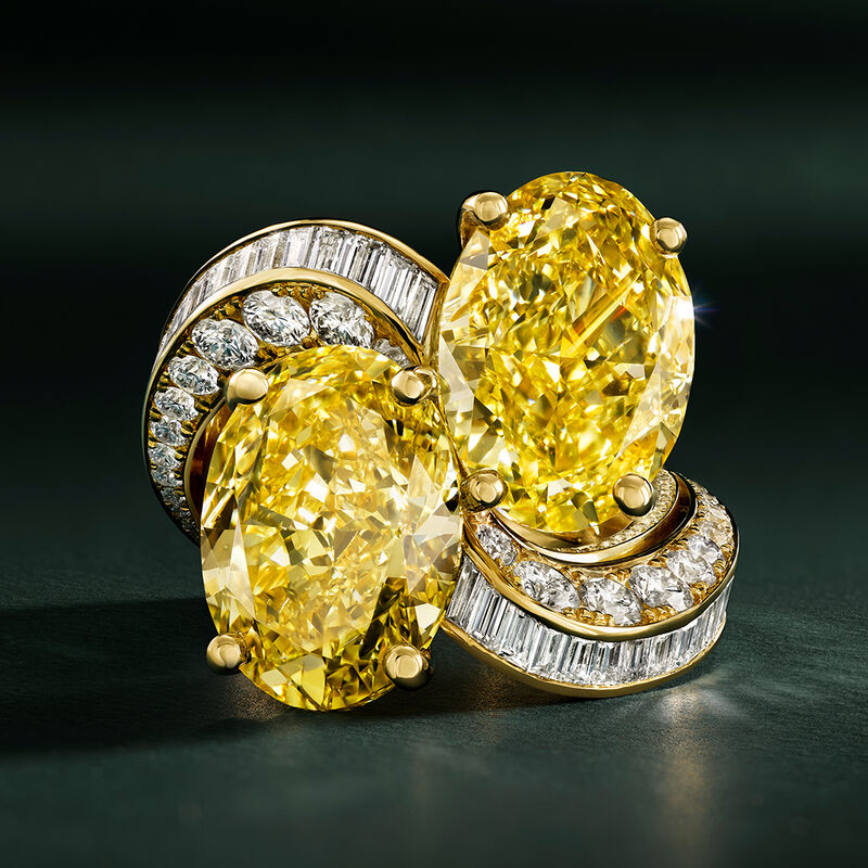 Oval Fancy Vivid Yellow and White Baguette Cut Diamond Toi et Moi Ring