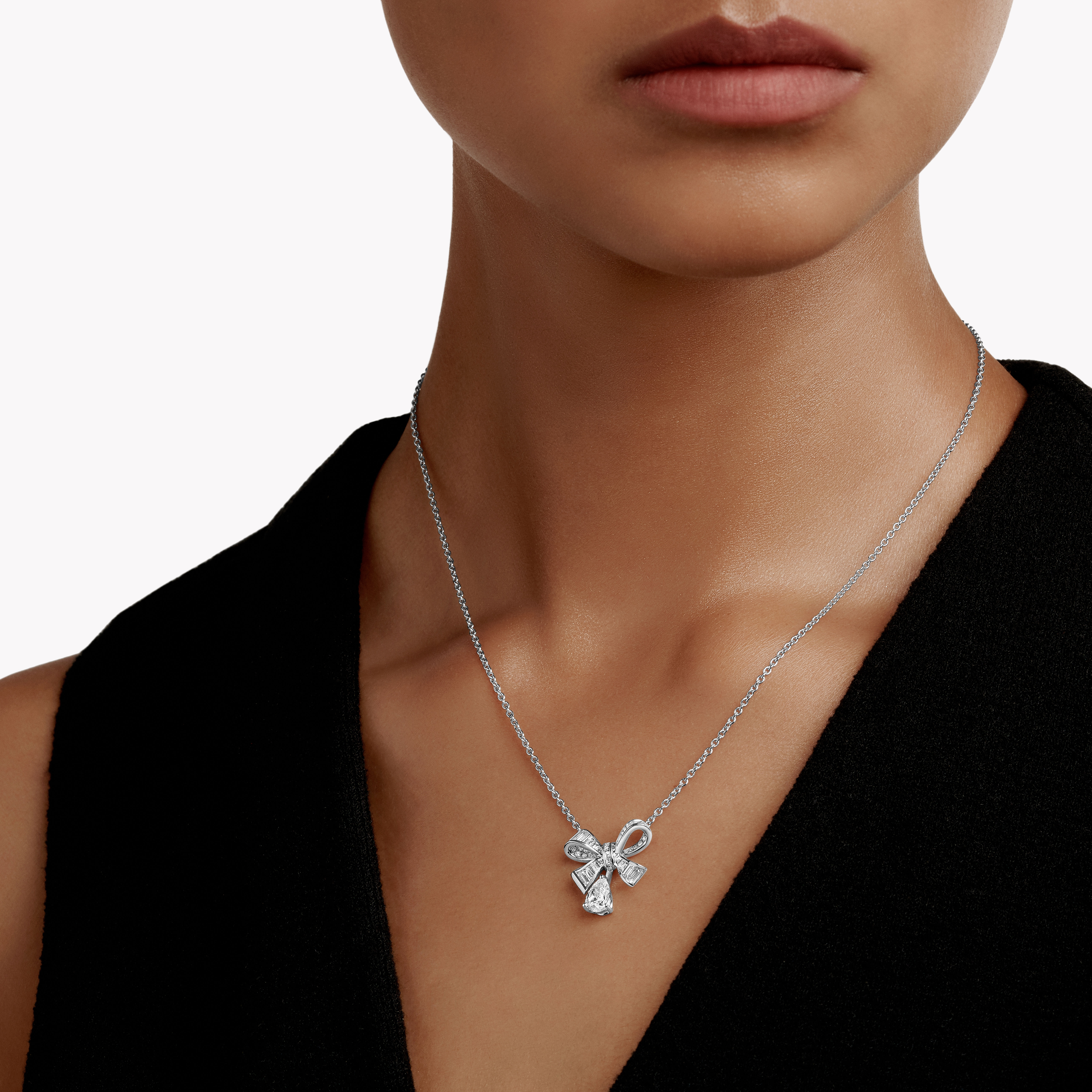 Tilda's Bow Baguette Cut Diamond Drop Pendant, White Gold - Graff