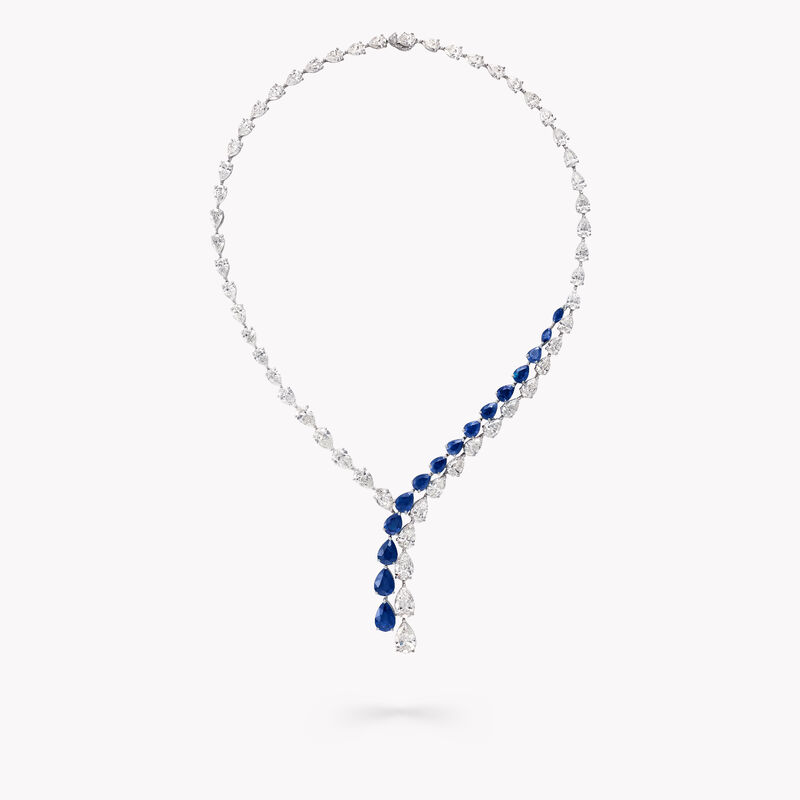 Pear Shape Sapphire and Diamond Cross-over Necklace, , hi-res