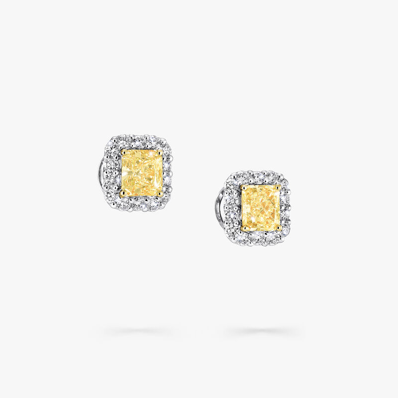Clous d’oreilles en diamants jaunes et blancs taille radiant Icon