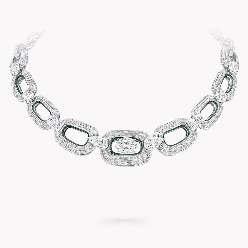 Oval, Emerald Cut, Pear Shape, Baguette Cut and Round Diamond and Round Pav&eacute; Emerald Necklace