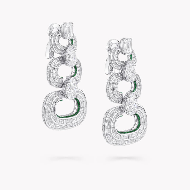 Oval, Emerald Cut, Pear Shape, Baguette Cut and Round Diamond and Round Pav&eacute; Emerald Earrings