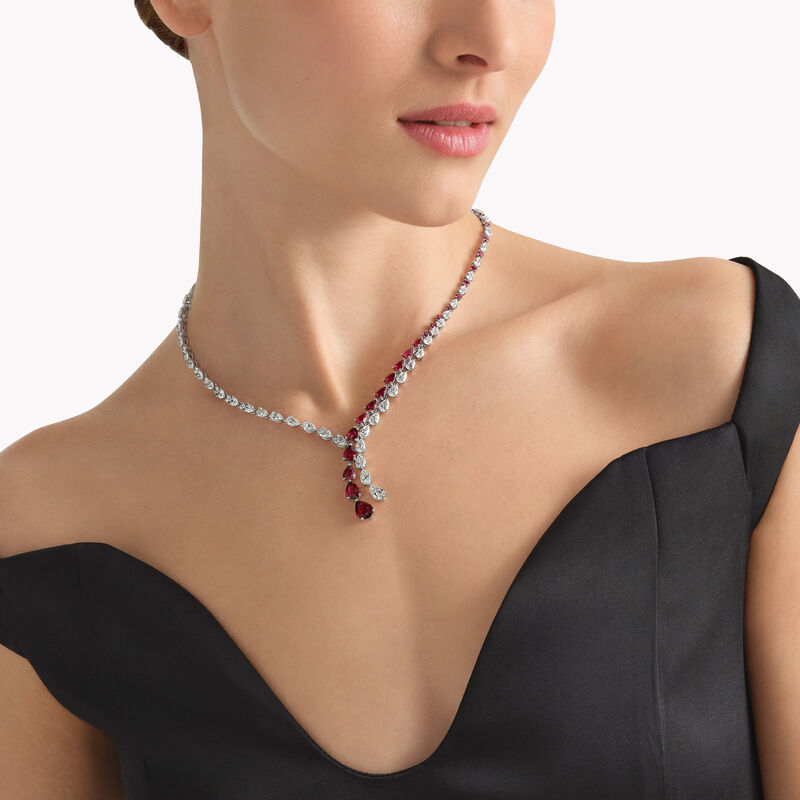 Pear Shape Ruby and Diamond Crossover Necklace 