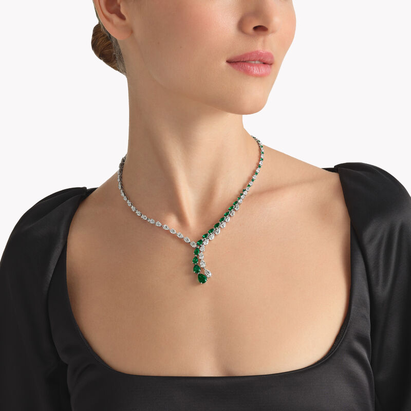 Pear Shape Emerald and Diamond Crossover Necklace 