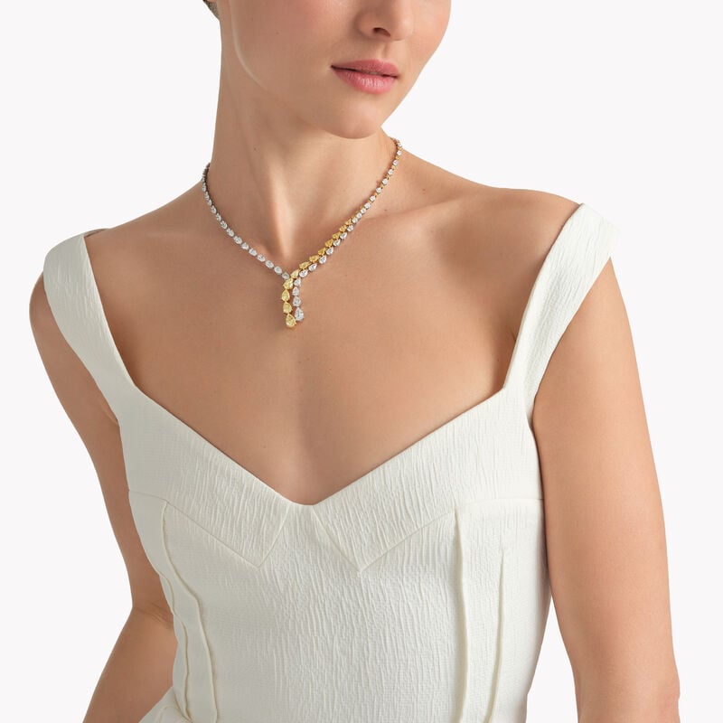 Pear Shape and Round Yellow and White Diamond Crossover Necklace