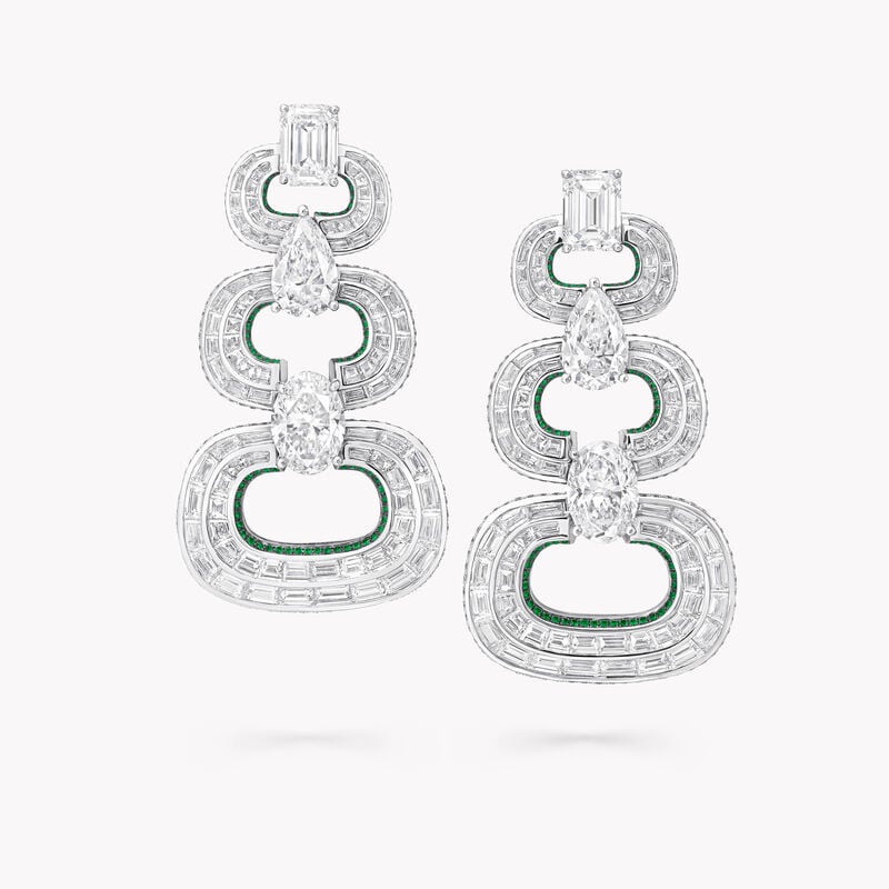 Oval, Emerald Cut, Pear Shape, Baguette Cut and Round Diamond and Round Pav&eacute; Emerald Earrings
