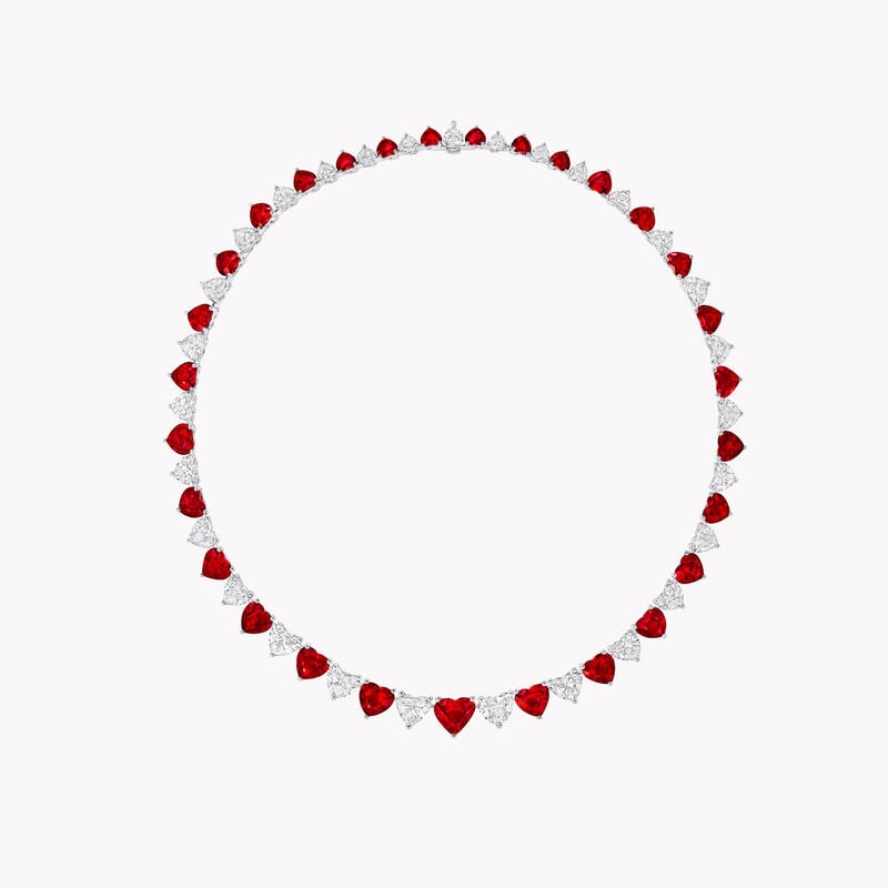 White Diamond and Ruby Heart Graduated Line Necklace