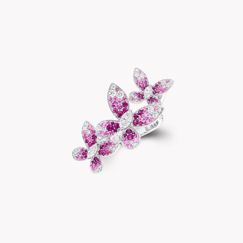 Bague triple avec rubis, saphirs roses et diamants Butterfly 