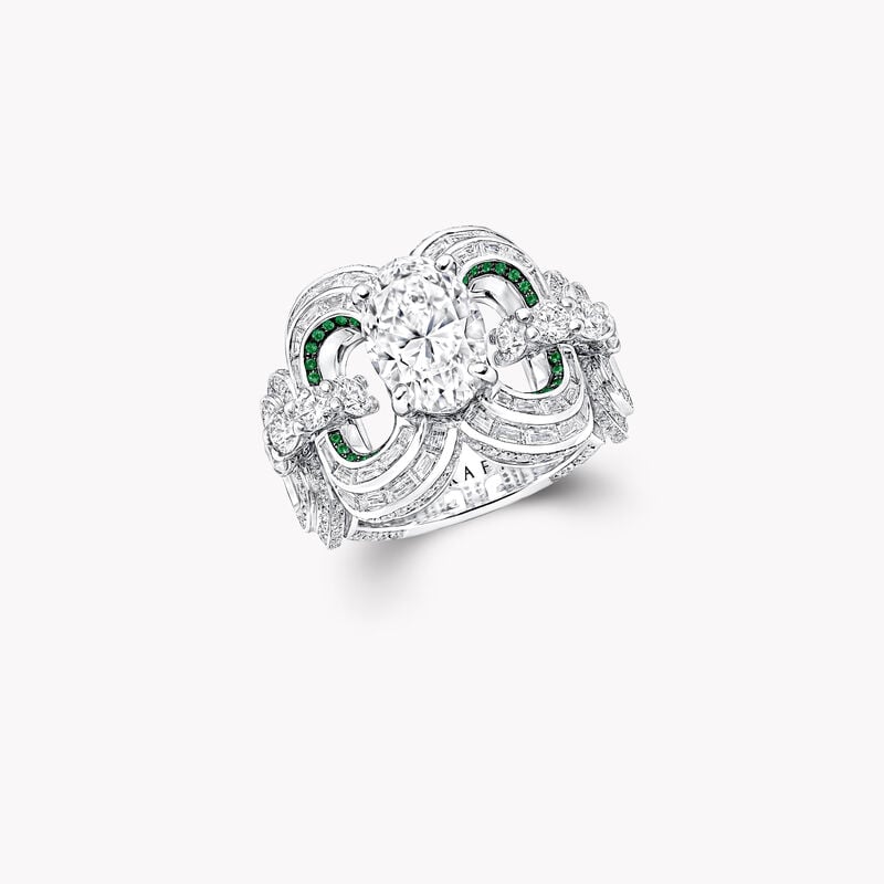 Oval, Baguette Cut and Round Diamond and Round Pav&eacute; Emerald Ring