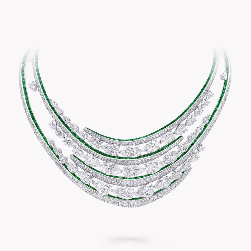 Pear Shape and Round Diamond and Baguette Cut Emerald Necklace