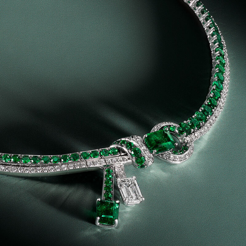Emerald Cut, Round Emerald and White Diamond Necklace