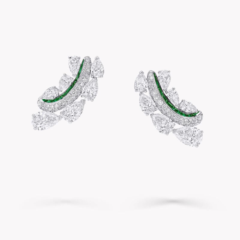 Pear Shape and Round Diamond and Baguette Cut Emerald Earrings