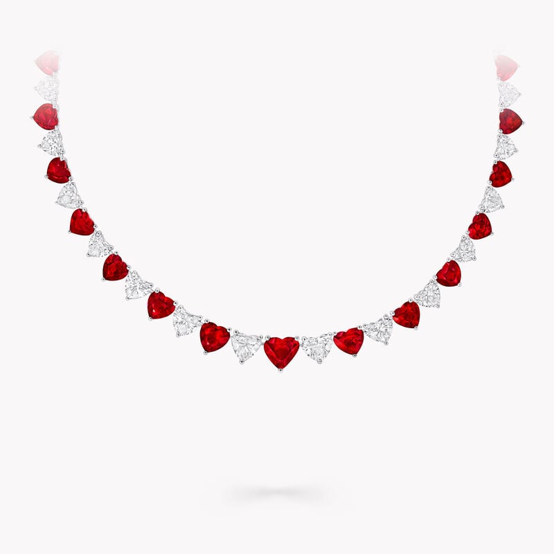 White Diamond and Ruby Heart Graduated Line Necklace