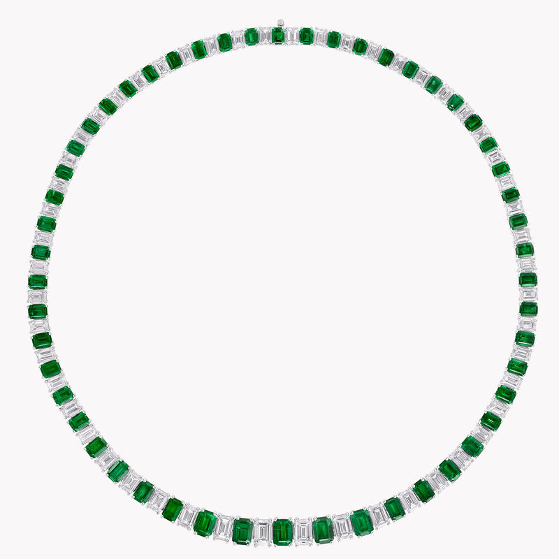 White Diamond and Emerald Cut Emerald Graduated Line Necklace