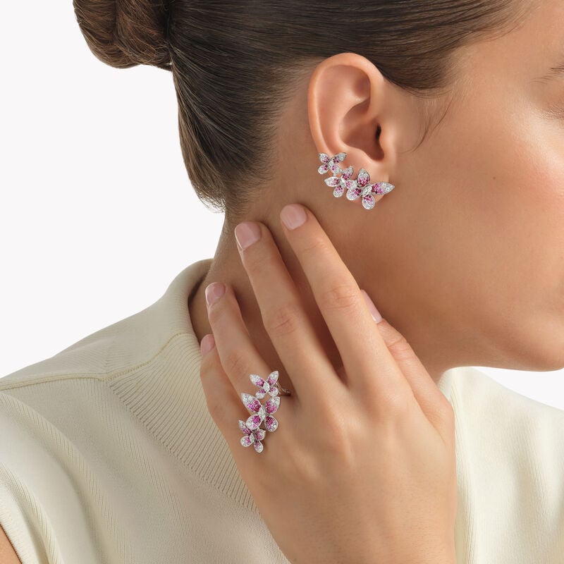 Bague triple avec rubis, saphirs roses et diamants Butterfly 