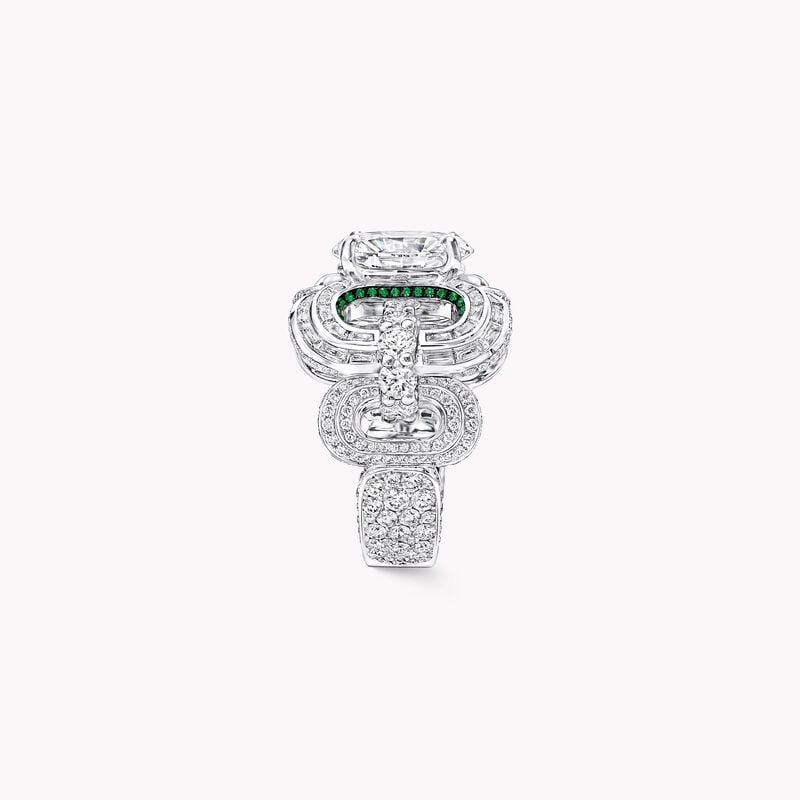 Oval, Baguette Cut and Round Diamond and Round Pav&eacute; Emerald Ring
