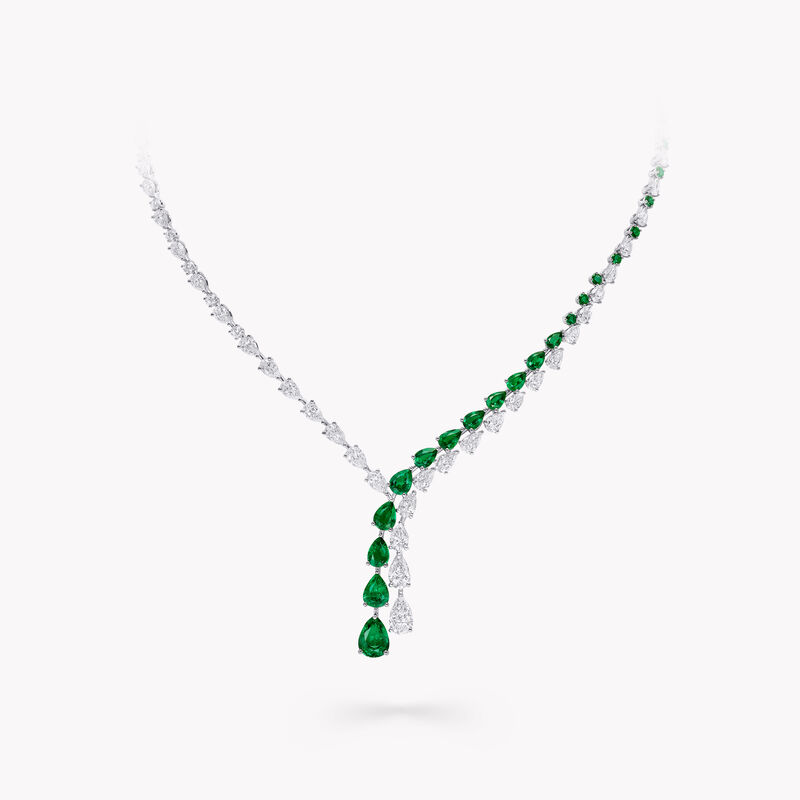Pear Shape Emerald and Diamond Crossover Necklace 