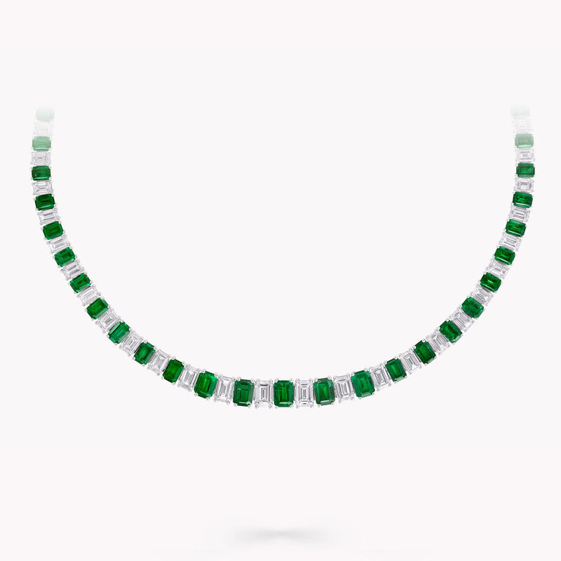 White Diamond and Emerald Cut Emerald Graduated Line Necklace
