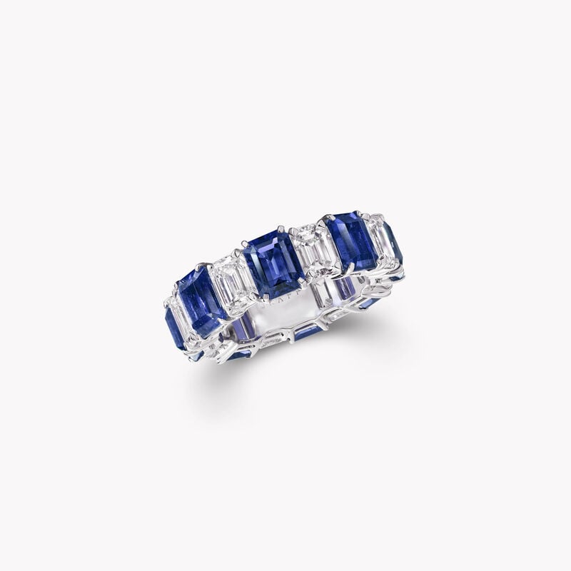 Emerald Cut Sapphire and Diamond Wedding Band