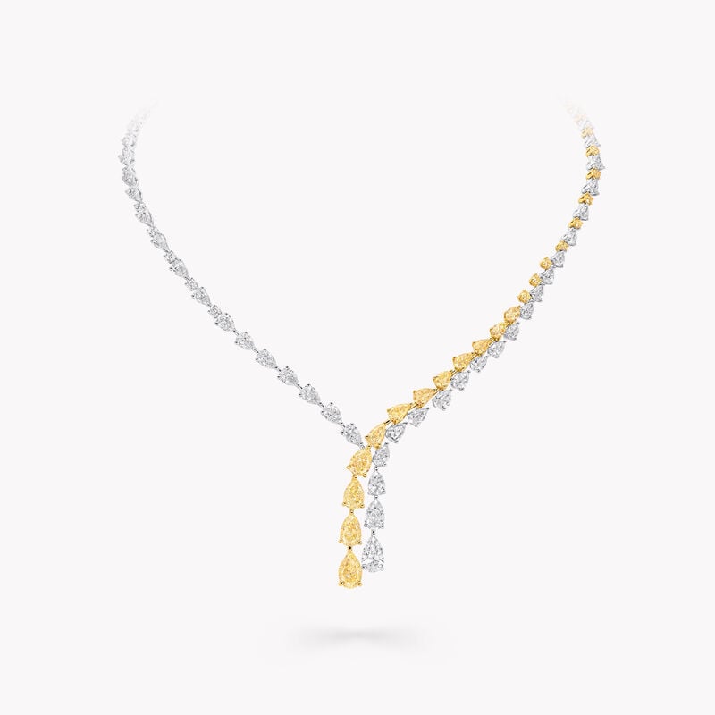 Pear Shape and Round Yellow and White Diamond Crossover Necklace