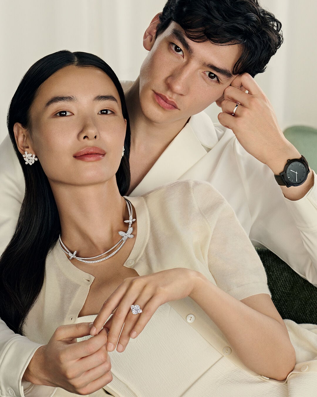 Image shows model wearing Graff Butterfly diamond jewellery