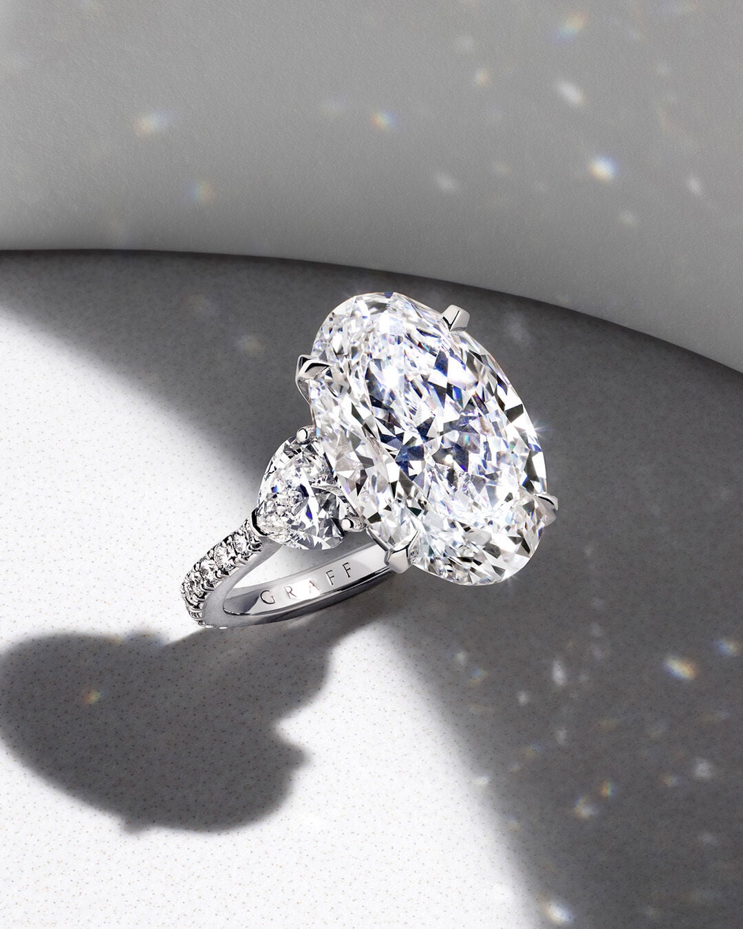 Image shows Graff Oval cut diamond engagement ring.