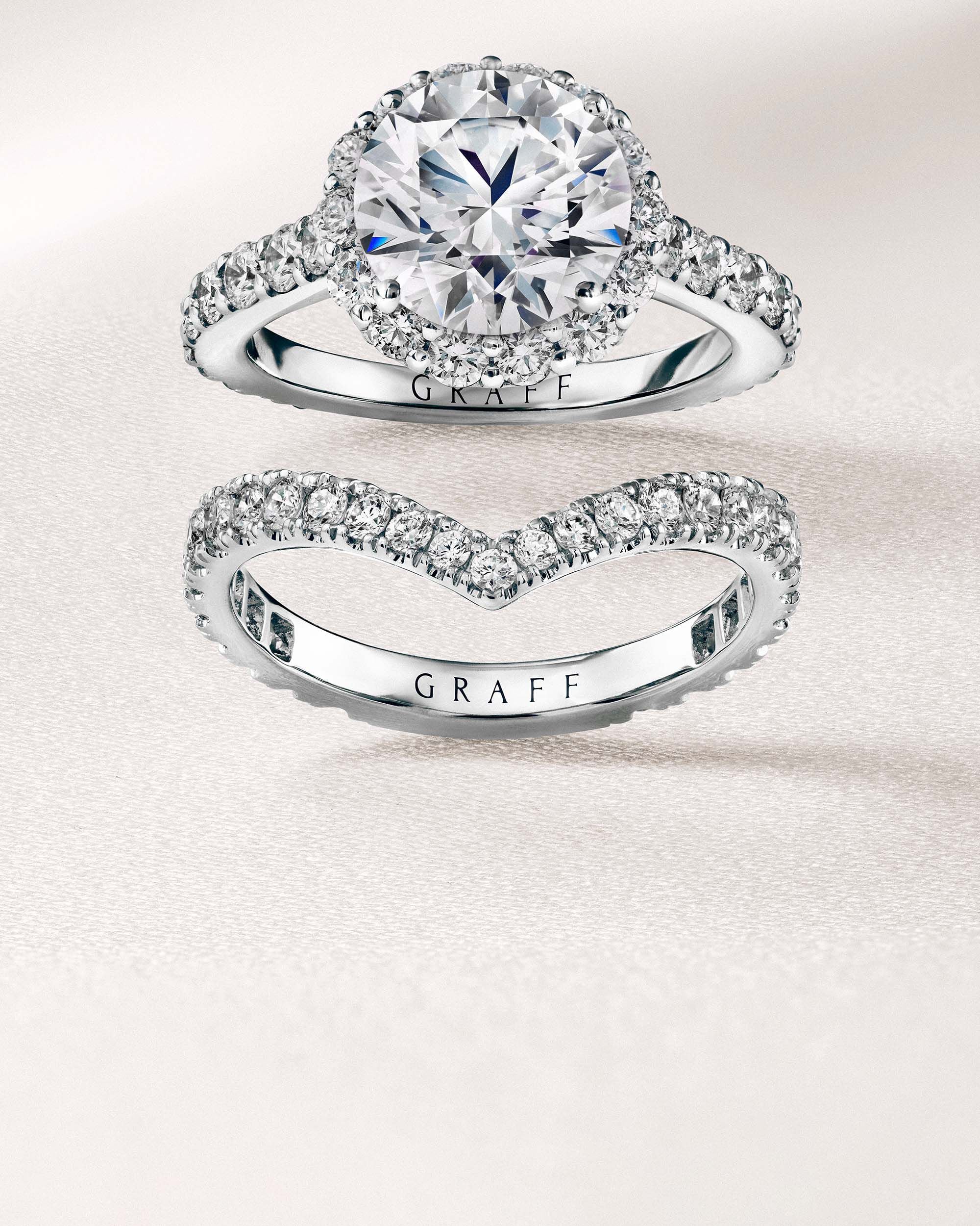 Image shows Graff Icon Engagement and V shape diamond wedding band 