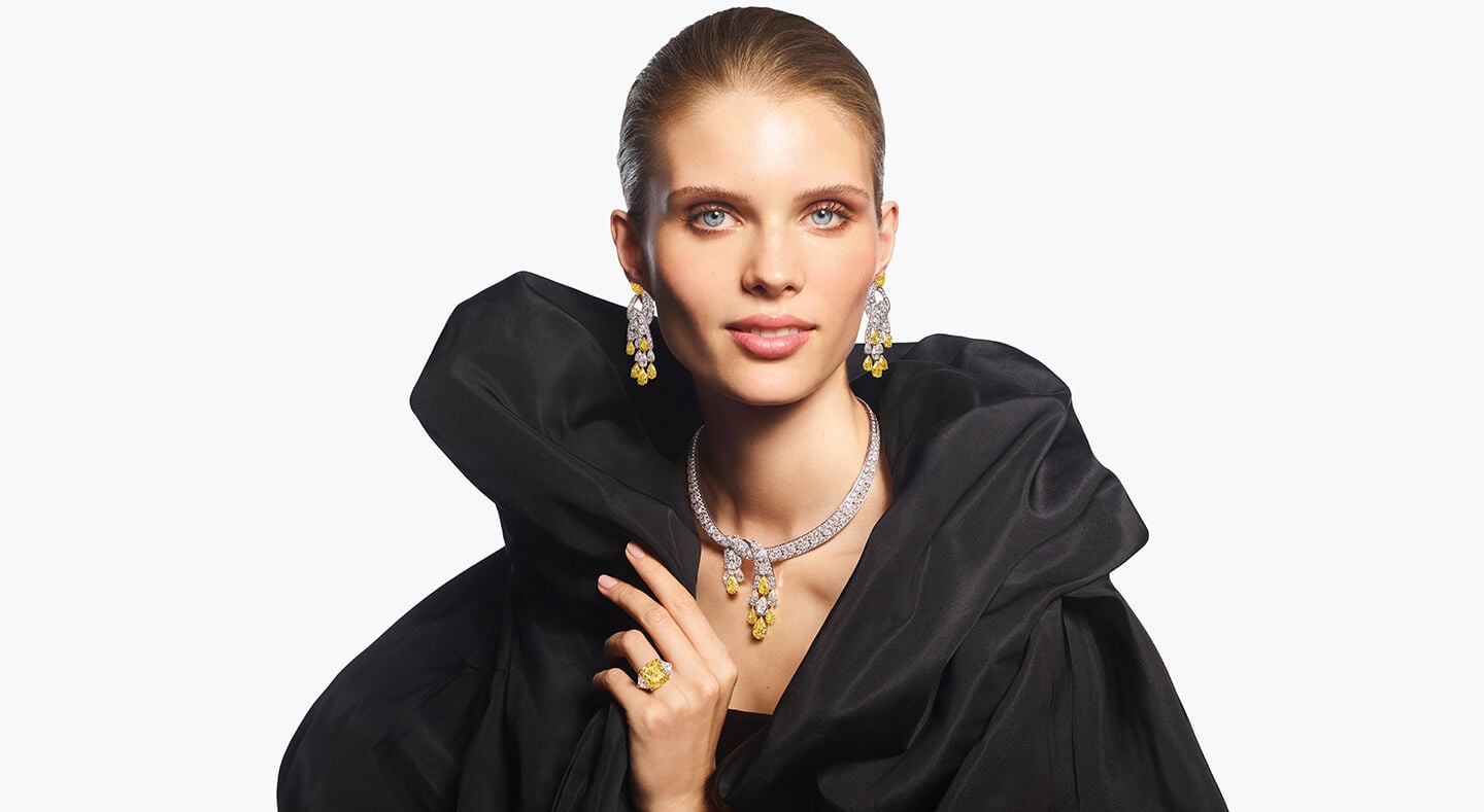 Image shows Festive I Wish Campaign. Model wearing Yellow diamonds high jewellery.