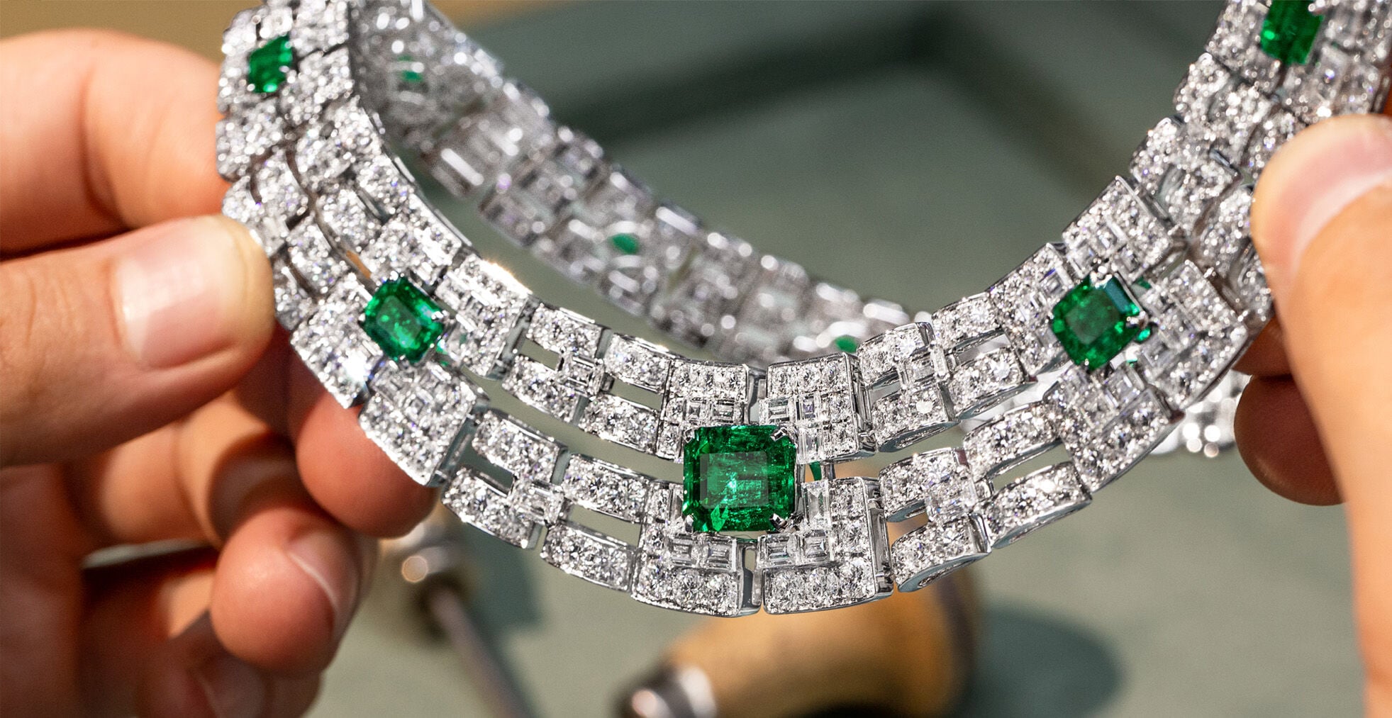 Image shows Graff High Jewellery white diamond and emerald necklace