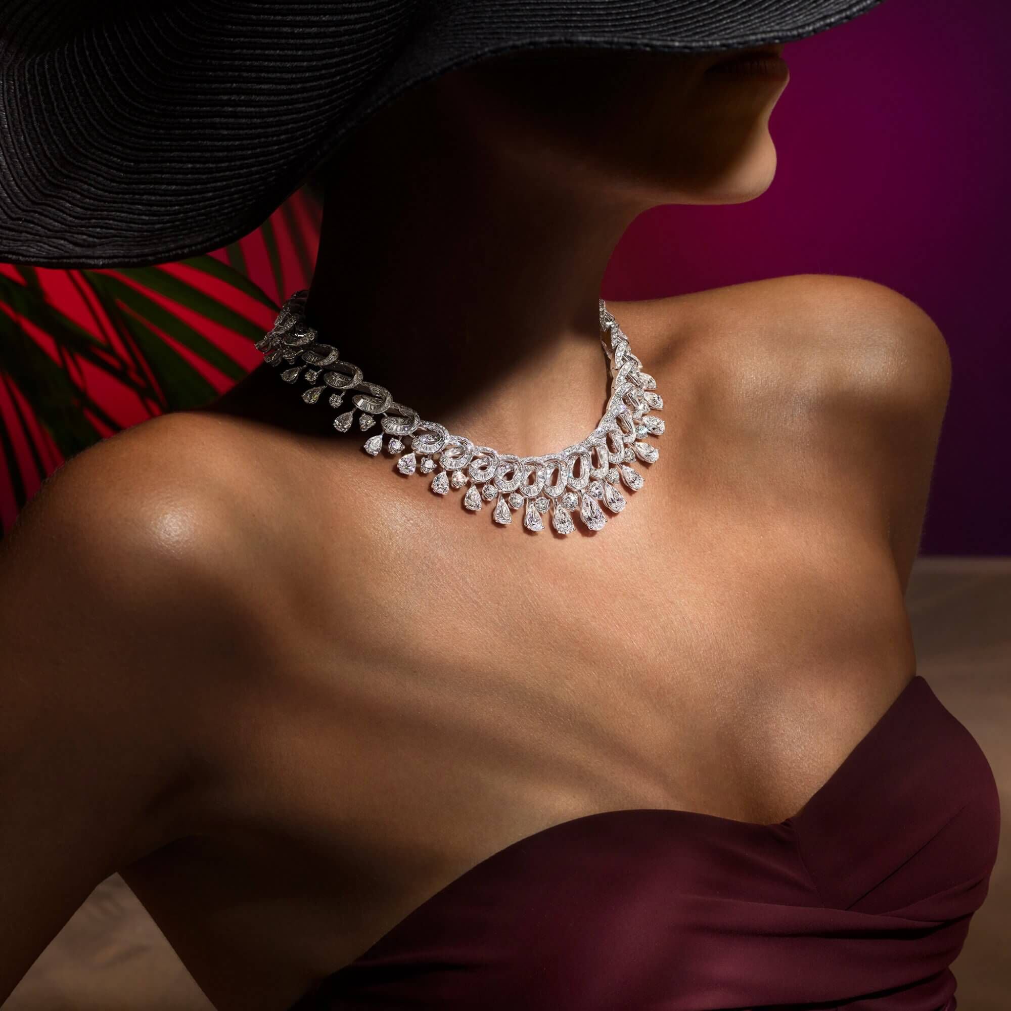 A model wears a Graff high jewellery diamond necklace