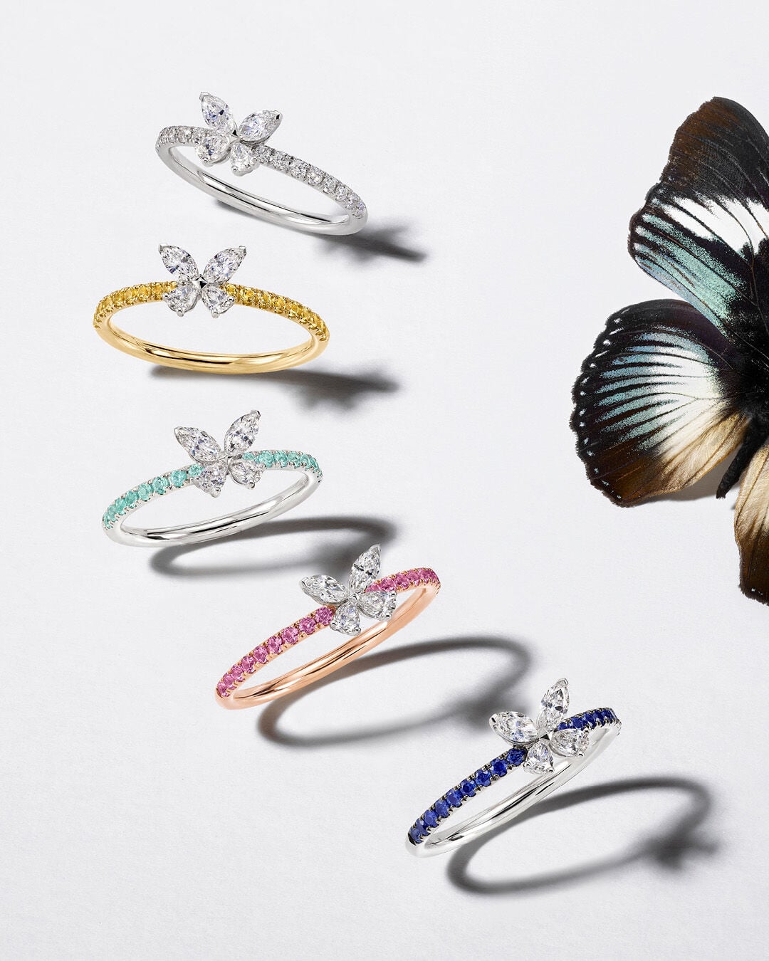 Image shows 5 butterfly rings